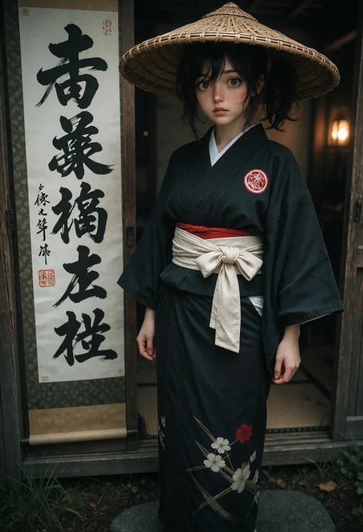 Fair Skin, Black Messy Short Hair With A Side Ponytail, Wide...