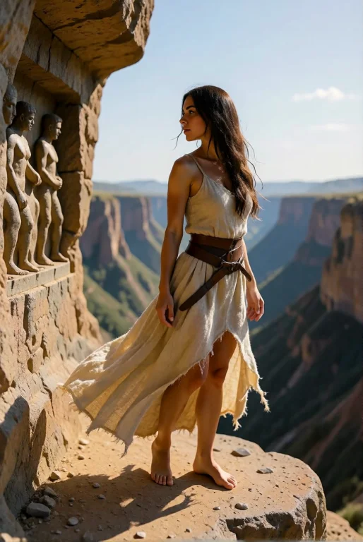 A Young Woman Looks Out From A Cliff Carved With Ancient Rel...