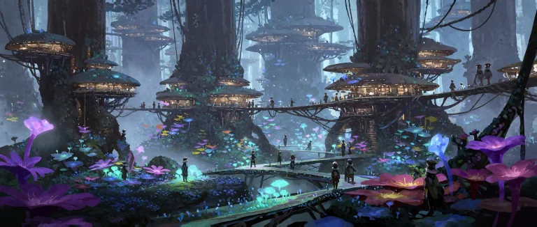 Enchanting Painterly Concept Art Of A Futuristic Settlement...