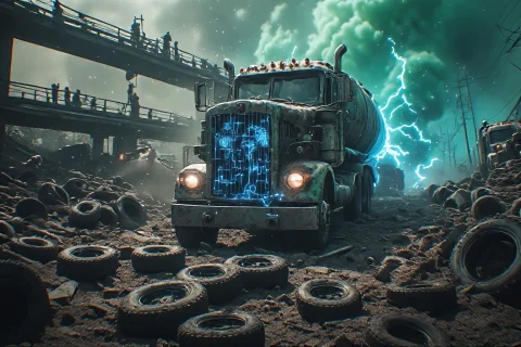 Masters Media, So-vehicles - Post Apocatruck A Chaotic Drone... — Stable Diffusion AI Prompt: (Masters Media, SO-Vehicles - Post ApocaTruck) a chaotic drone perspective of "T...