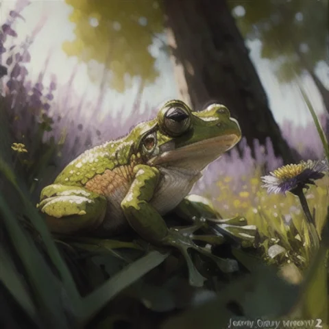 A Frog Sitting In A Meadow. Style-petal — Stable Diffusion AI Prompt: a frog sitting in a meadow. style-petal