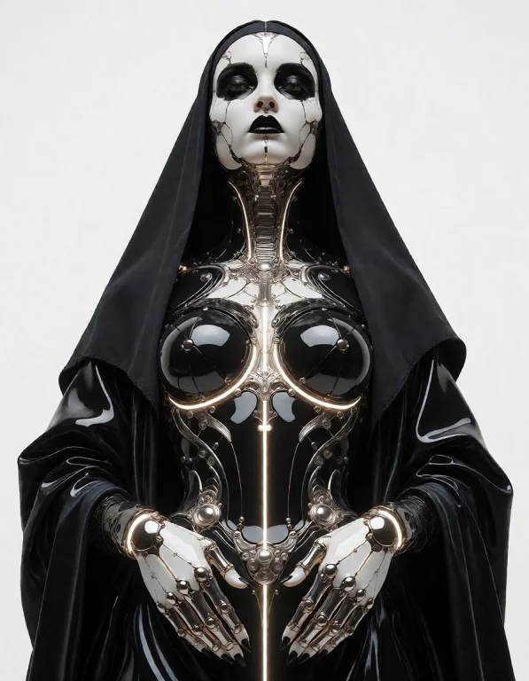 A Synthetic Nun-like Oracle With Black Lips And Silver Mask...