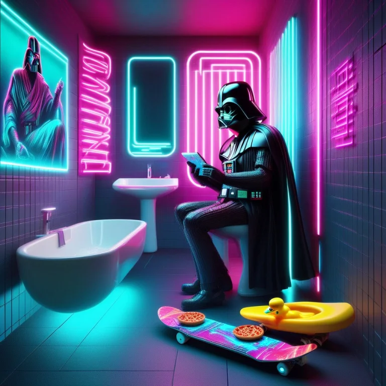 A Retro-futuristic Synthwave Bathroom Where Darth Vader Sits...