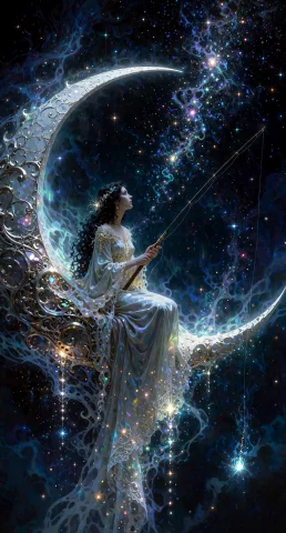Grimmsfantasy, Perched Upon The Smooth, Silver Curve Of A Ce... — Stable Diffusion AI Prompt: grimmsfantasy, Perched upon the smooth, silver curve of a celestial crescent, a...