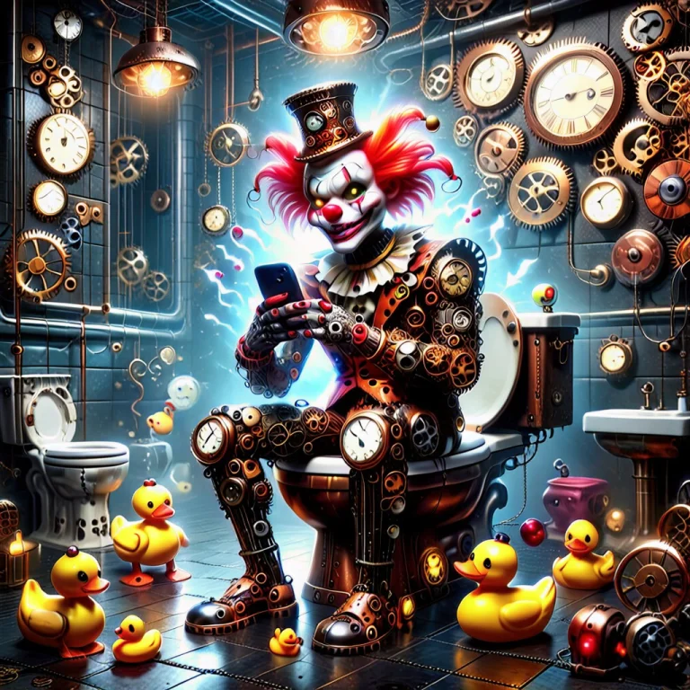 Cgi, Sinister Clockwork Clown Looking At His Phone While Sit...
