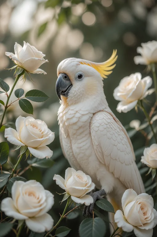 A Serene, Softly Lit Close-up Of A White Cockatoo Perched Gr...