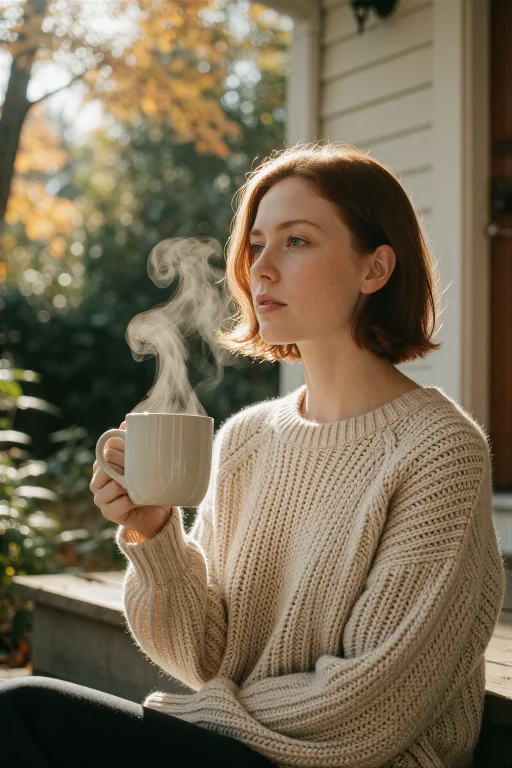 A Candid Photograph Of A Woman With Pale Skin And Short Aubu...