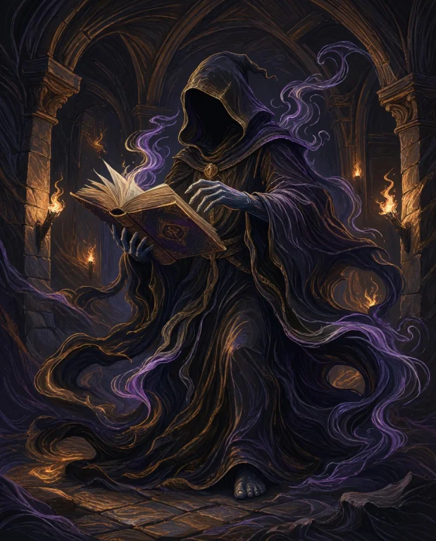 A Towering Necromancer Stands In The Center Of A Shadow-dren...