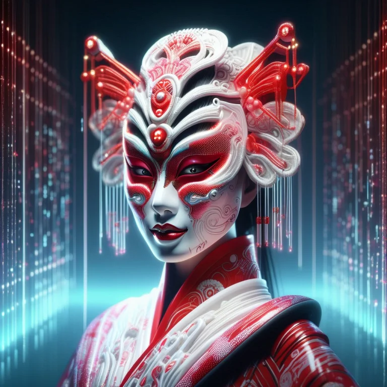 A Close-up Portrait Of A Futuristic Geisha Wearing A High-fa...