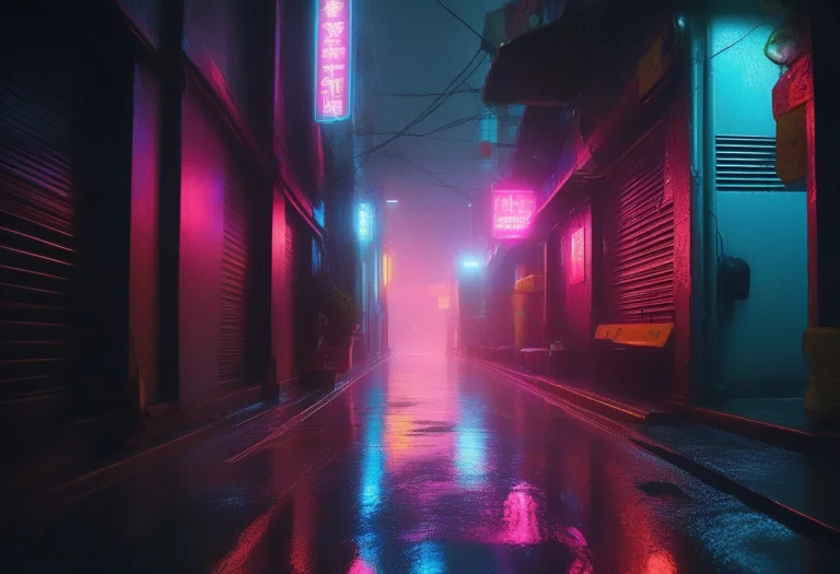 A Rain-slick Neon Alley In A Dense Metropolis, Editorial Pho...
