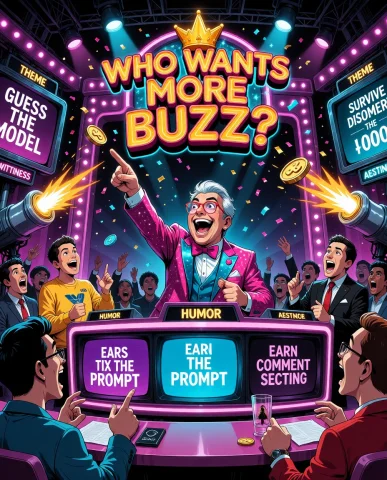 A Loud, Colorful, Absurd Tv Game Show Parody Called Who Want... — Stable Diffusion AI Prompt: A loud, colorful, absurd TV game show parody called “Who Wants More Buzz?” set o...