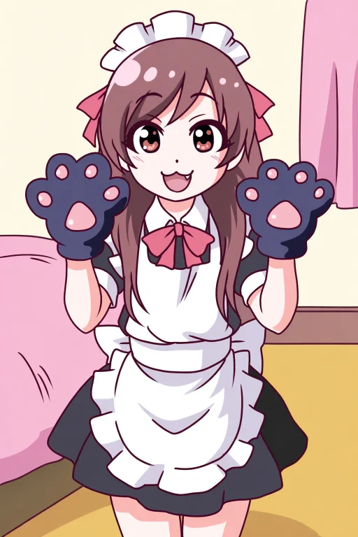 C1nd, 1girl, Solo, Paw Gloves, Maid Outfit, Bedroom, Fang, 3...