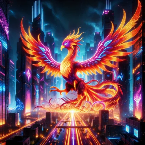 Colorful Led Lights, Enormous Phoenix Made Of Luminous Energ... — SDXL AI Prompt: colorful LED lights, enormous phoenix made of luminous energy and LED strips ris...