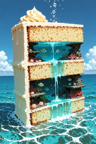 A Gigantic Slice Of Layered Sponge Cake Floating In An Endle... — Stable Diffusion AI Prompt: A gigantic slice of layered sponge cake floating in an endless pale-blue ocean,...