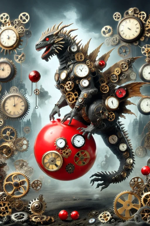 Tiny Godzilla Jumping On A Big Red Ball, Scenery, Surreal.....