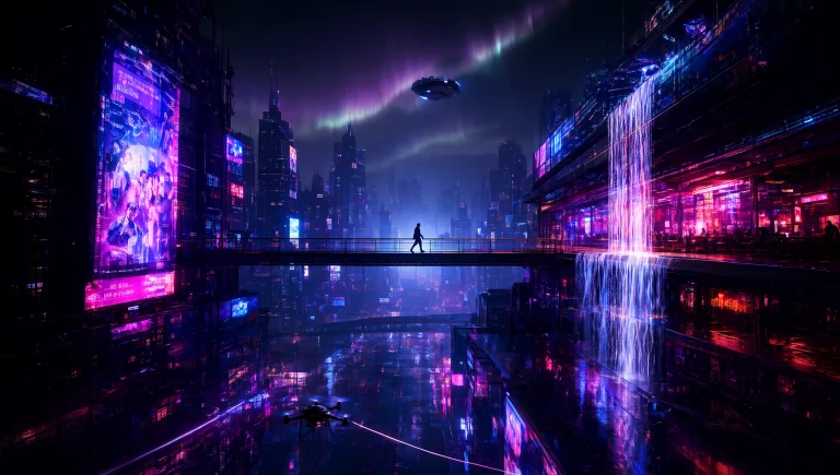 The Image Is A Wide Cinematic Illustration Of A Neon-drenche...