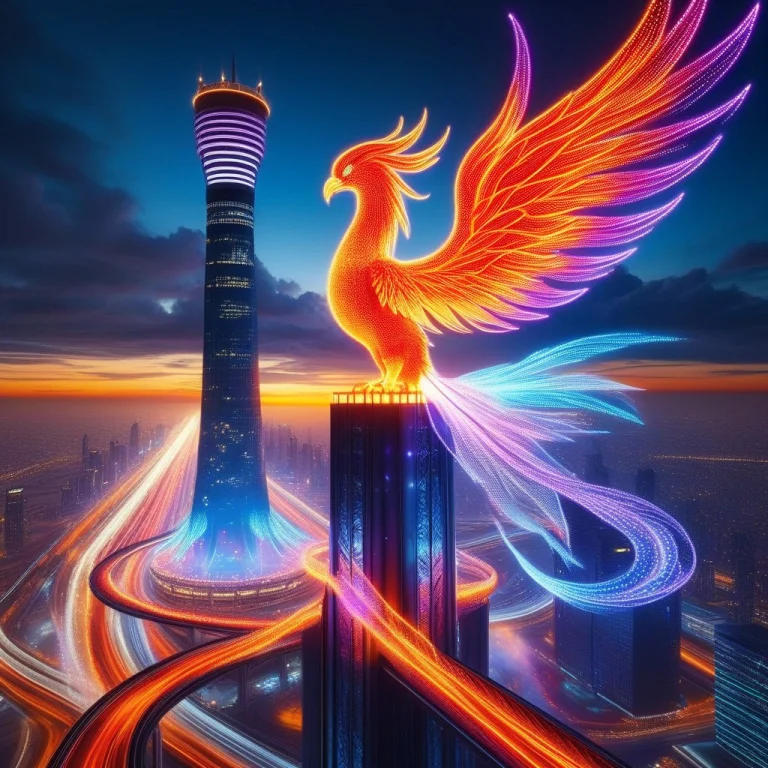 Led, Colorful Led Lights, An Enormous Phoenix In A Futuristi...