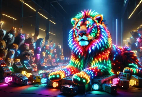 Colorful Led Lights, The King Of The Animals Reduced To A Pr... — SDXL AI Prompt: colorful LED lights, The king of the animals Reduced to a profit machine Tame li...