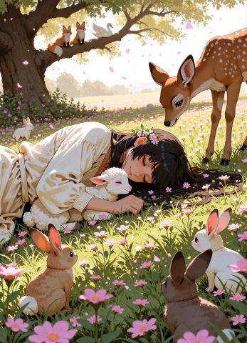 Dreamy Pastoral Anime Illustration, A Woman Lying Peacefully... — Stable Diffusion AI Prompt: dreamy pastoral anime illustration, a woman lying peacefully in a flower-filled...