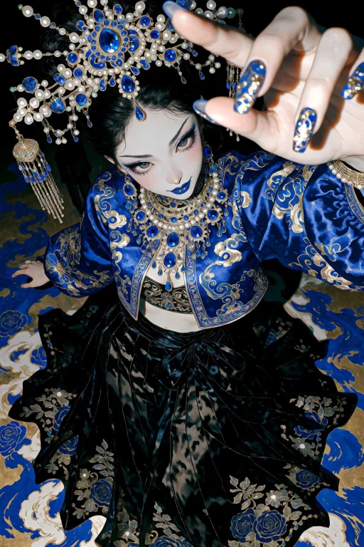 Adult Busty Wuxia Woman, Wearing A Glossy Cobalt-blue Croppe...