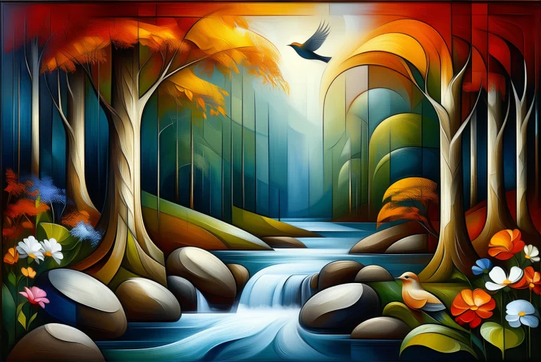 An Abstract Painting Of The Mystical Forest. Towering Trees,...