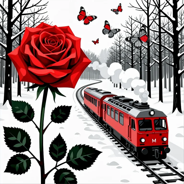 An Illustration Featuring A Red Passenger Train Traveling Al...