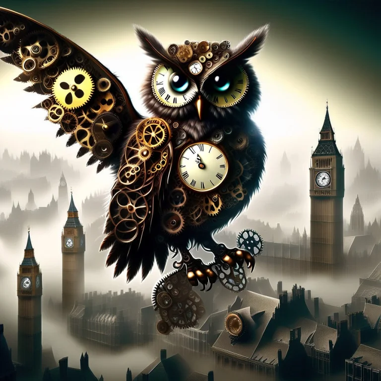 An Intricate Clockwork Owl Perched On A Weathered, Steampunk...