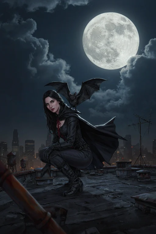 A Mysterious Vampire Woman Crouches On A City Rooftop Beneat...