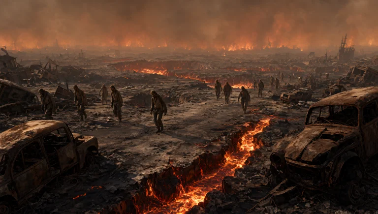 The Image Is A Wide, Photorealistic Depiction Of A Post-apoc...
