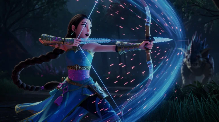 A Woman With A Long Dark Braid Draws A Glowing Blue Bow, Aim...