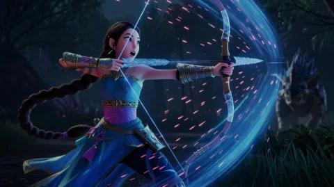 A Woman With A Long Dark Braid Draws A Glowing Blue Bow, Aim... — Stable Diffusion AI Prompt: A woman with a long dark braid draws a glowing blue bow, aiming an arrow across...