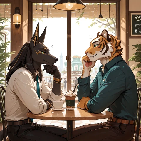 Detailed, 2males, Furry, Duo, Serene, Tiger And Anubian Jack... — Stable Diffusion AI Prompt: Detailed, 2males, Furry, Duo, serene, Tiger and anubian jackal. Modern, Cafe, Da...