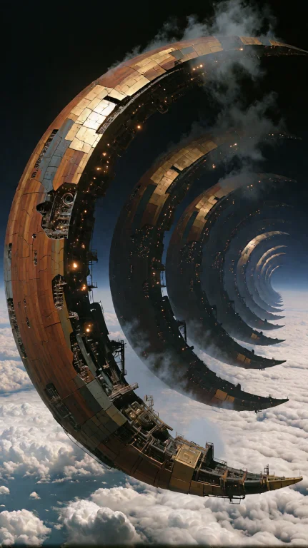 A Surreal Sci-fi Scene Showing A Sequence Of 7 Colossal Cres...