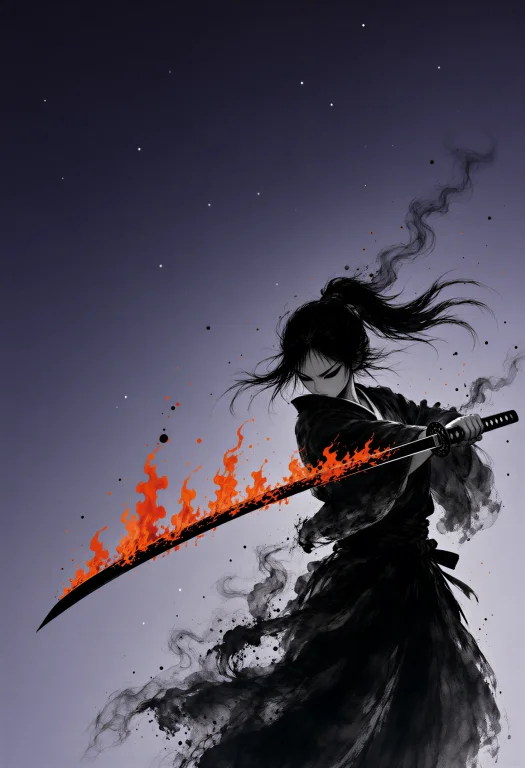 A Female Samurai Is Frozen In A Mid-strike Posture, Her Tors...