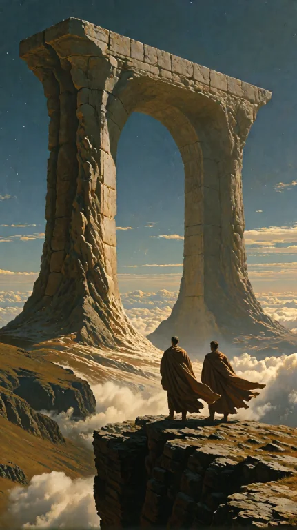 Two Figures Stand On The Precipice Of A Rocky Outcrop, Their...