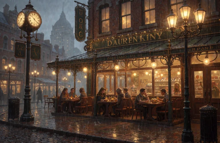 A View Of A Downtown Cafeteria In A Clockpunk Style In A Swe...