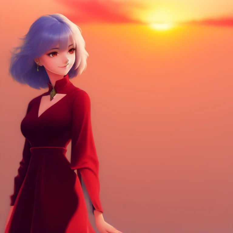 Anime, Pretty Woman In Red Dress, Sunset Horizon, Looks Towa...
