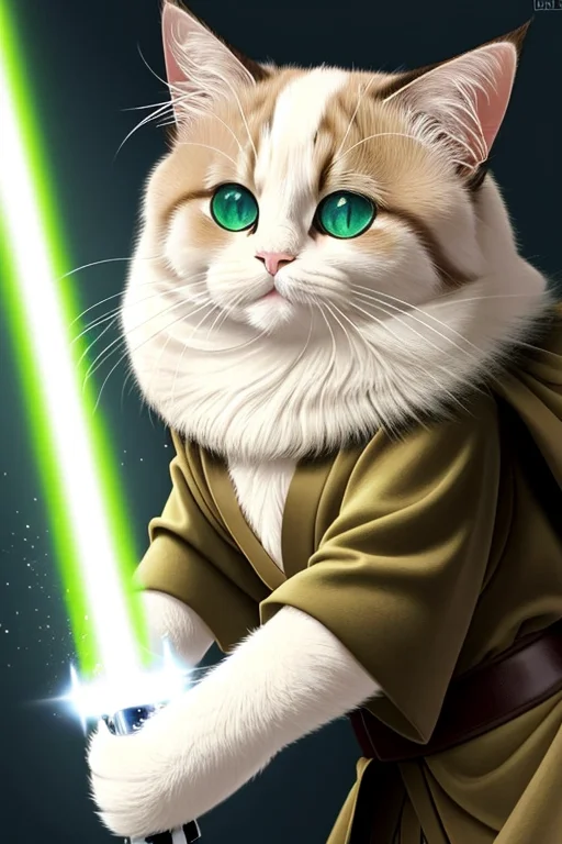 Jedi Ragdoll Cat Holds A Green Lightsaber In Both Paws, Brow...