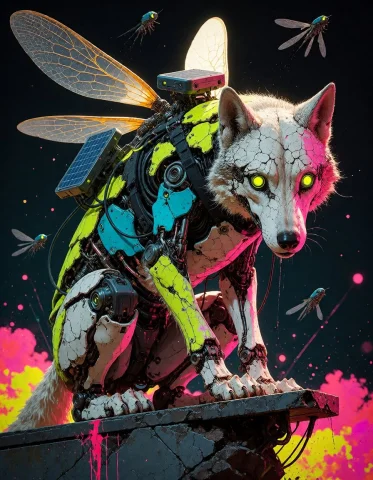 A Robotic Wolf Scavenger With Cracked Shell Armor, Skeletal... — Stable Diffusion AI Prompt: a robotic wolf scavenger with cracked shell armor, skeletal mechanics and neon p...