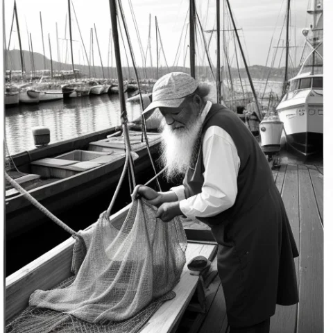 An Old Fisherman Mending Nets At The Harbor, Candid Photogra... — Stable Diffusion AI Prompt: an old fisherman mending nets at the harbor, candid photograph, motion blur, int...