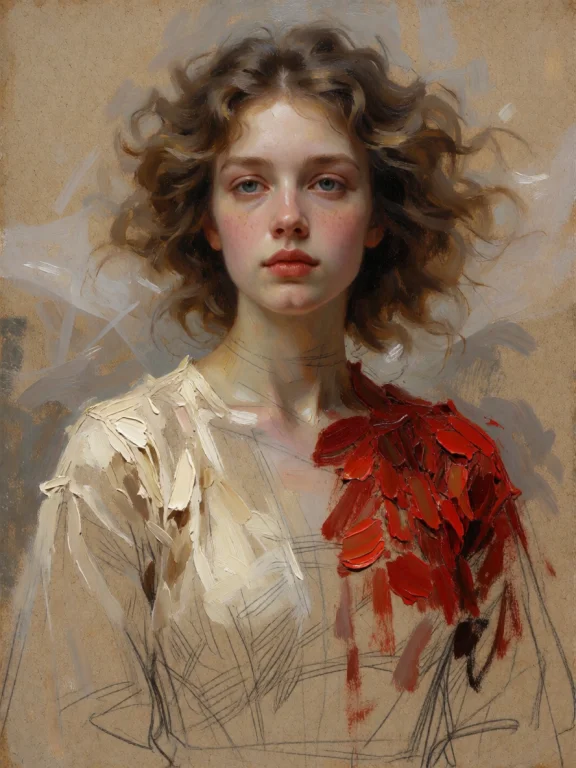 A Vertically Composed Painterly Portrait Centers On A Young...