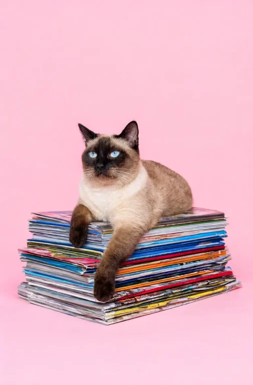 A Siamese Cat Rests Gracefully On A Disorganized Stack Of Gl...
