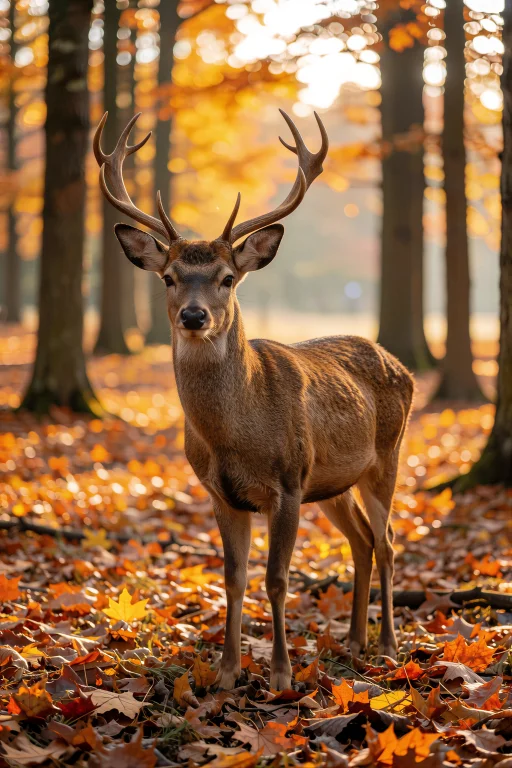 Deer Standing In A Forest Covered With Warm Autumn Leaves, S...