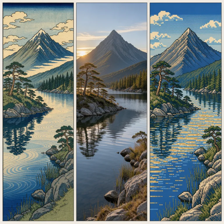 A Triptych Of The Same Mountain Lake Rendered Three Ways Sid...