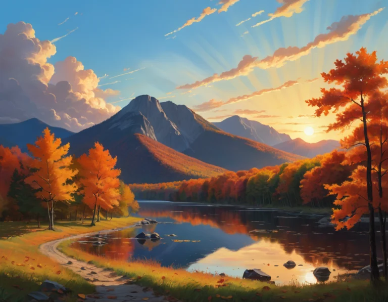 A Mountain Range With A Lake Surrounded By Trees In Autumn C...