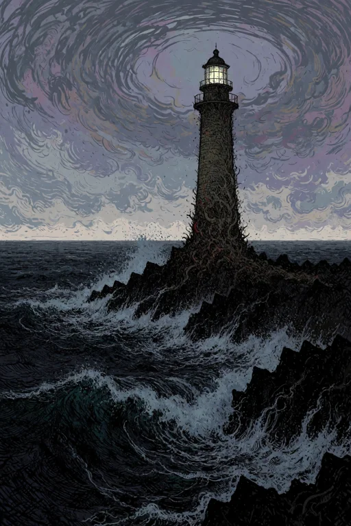 Solitary Lighthouse Standing On A Jagged Black Reef At The E...