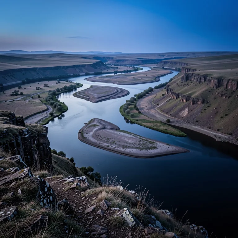 A Meandering River Delta Seen From A Ridge, Blue Hour, 85mm...