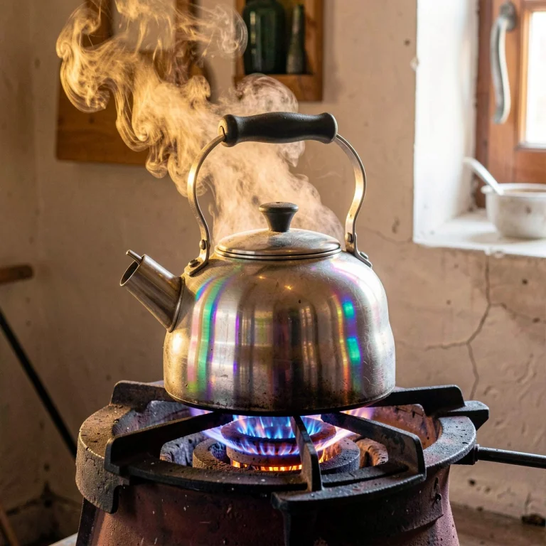 A Kettle Steaming On A Warm Iron Stove, Iridescent Light, Sh...