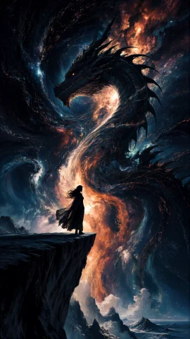 A Solitary Woman Stands On A Cliff Edge, Her Silhouette Star... — Stable Diffusion AI Prompt: A solitary woman stands on a cliff edge, her silhouette stark against a vibrant,...