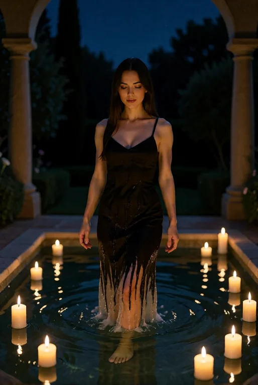A Young Woman Wades In A Pool Of Floating Candles In A Court...